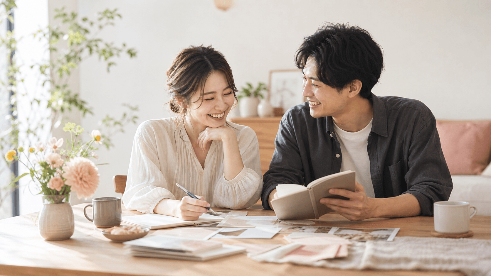 明るい部屋で結婚式の準備について話すふたり